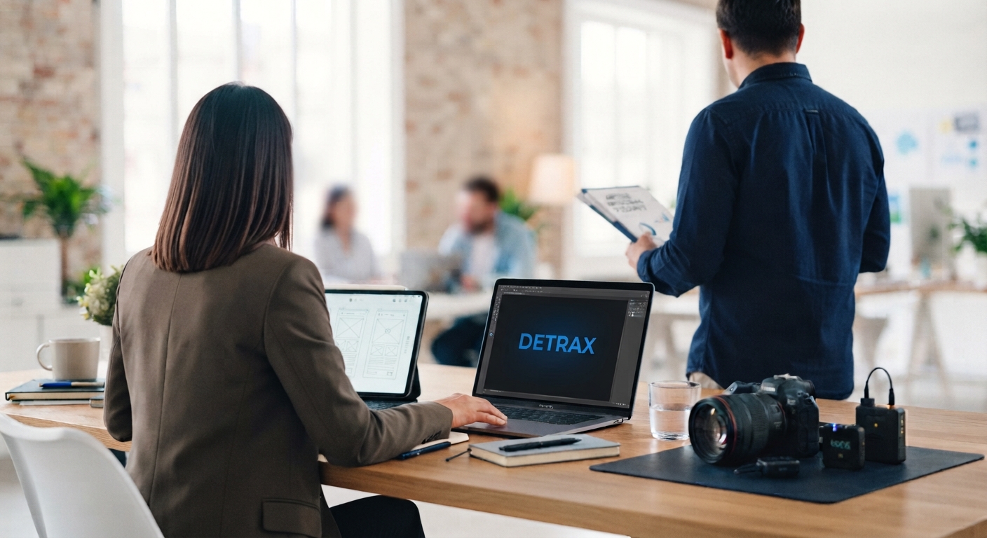 Espacio de trabajo de Detrax con diseño web, estrategia y equipo fotográfico